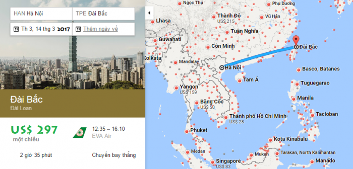 Bản đồ đường bay từ Hà Nội đi Đài Bắc, Đài Loan
