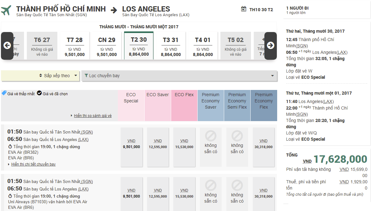 Hành trình Hồ Chí Minh - Los Angeles giá rẻ